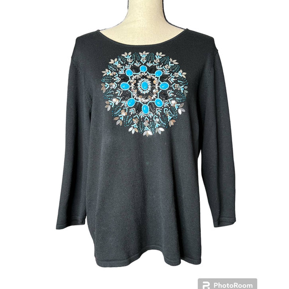 Victor Costa Women's Top Size L in Black with Faux Turquoise Beads Sequin Decor - Picture 1 of 6